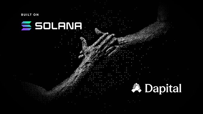 The image features a pixelated illustration of two hands reaching toward each other against a black background, symbolizing connection. The text "BUILT ON SOLANA" appears in the top left, while the "Dapital" logo is positioned in the bottom right, visually reinforcing the post's message about Dapital being foundationally built on the Solana blockchain.