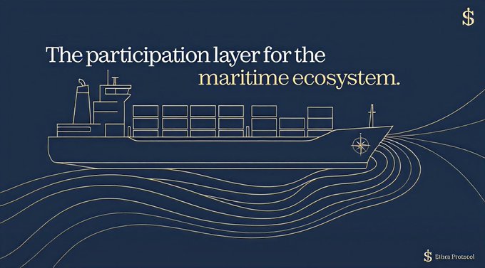 A navy blue minimalist illustration of a container ship sailing through waves, with text reading 'The participation layer for the maritime ecosystem' and the 'Silea Protocol' logo in the corner.