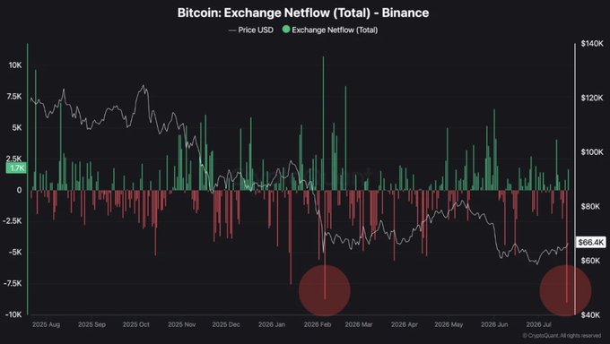 The chart titled "Bitcoin: Exchange Netflow (Total) - Binance" shows a 12-month period from August 2025 to July 2026, with Bitcoin's price declining from ~$140K to $66.4K alongside significant red bars (net outflows) highlighted by large red circles, including a notable 1.2K netflow event. This visually supports the post's claim that 9,030 BTC left Binance, illustrating the persistent bearish exchange netflow pattern as Bitcoin continues being withdrawn from the exchange.
