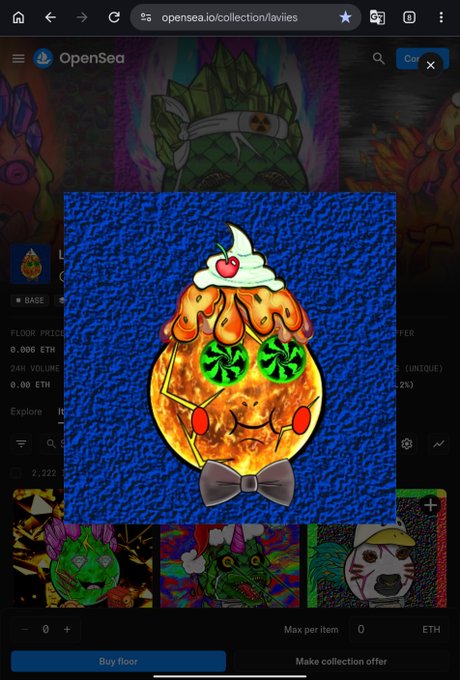 An OpenSea NFT collection page displaying a 'Lavies' character artwork—a round, dessert-like figure with cherry-topped whipped cream and a bow tie—set against a blue textured background, with a floor price of 0.006 ETH.