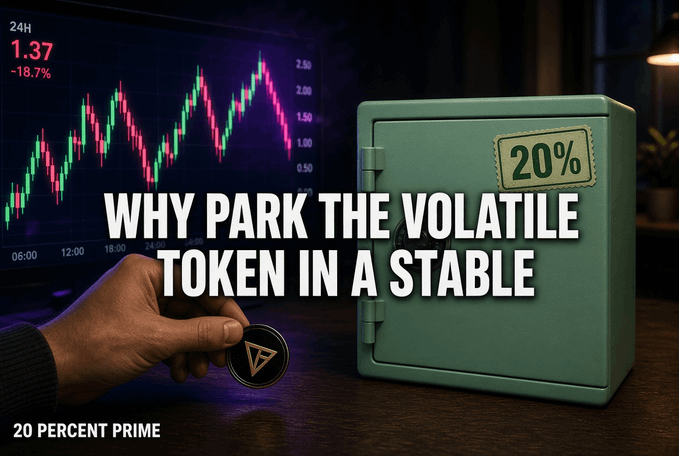 An advertisement shows a green safe labeled '20%' with a chart displaying a 24H price of 1.37 (-18.7%), with text reading 'WHY PARK THE VOLATILE TOKEN IN A STABLE' and '20 PERCENT PRIME'.
