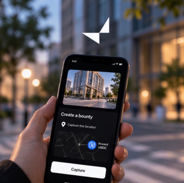 Hand holding a smartphone displaying an app screen titled 'Create a bounty' with 'Capture this location' and a 'Capture' button, set against a blurred city street background.