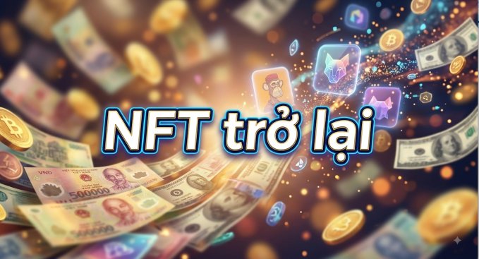 A promotional graphic with the Vietnamese text 'NFT trở lại' (NFT returns), set against a background of floating gold coins, dollar bills, and NFT icons like Bored Apes.