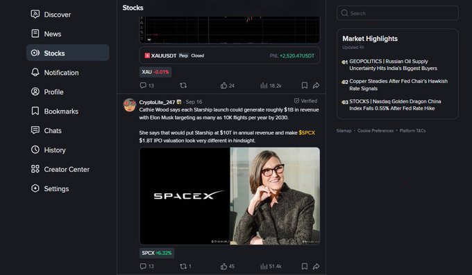 A Binance Square dashboard displaying a new "Stocks" tab featuring XAU/USD at +0.01% and $2,520.47, alongside a verified post from CryptoJulie_247 discussing how Cathie Wood predicts SpaceX could generate roughly $1B in annual revenue by 2030, with the SPX stock shown at +6.52%.