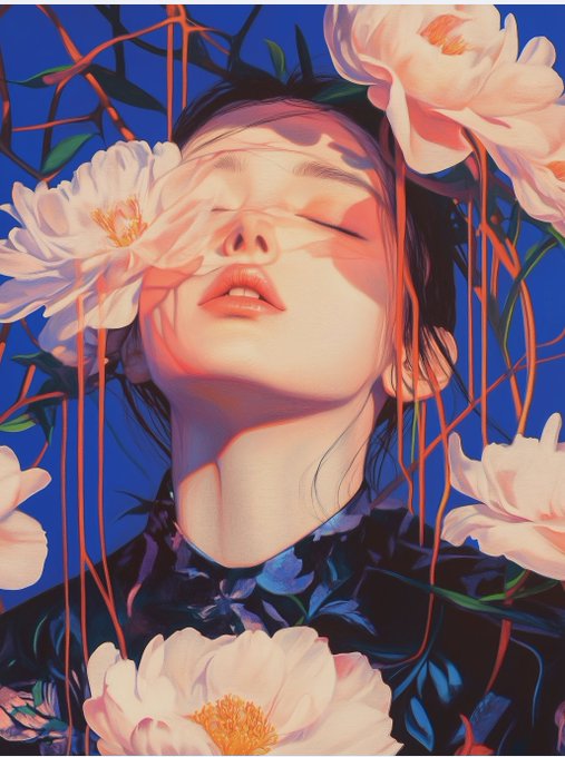 A stylized digital artwork of a woman with closed eyes surrounded by pink and white flowers against a deep blue background.