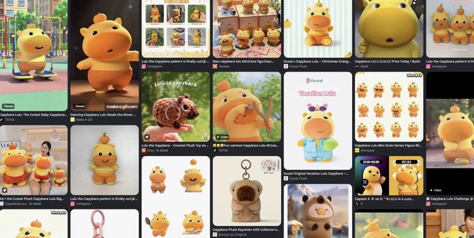 A collage of search results and images featuring various Capybara plush toys, stuffed animals, and cartoon figures.