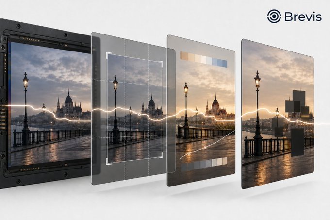 A 'Brevis' branded graphic showing a layered image processing interface featuring a cityscape at sunset with bridge and lampposts.
