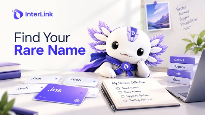 An advertisement for InterLink promoting 'Find Your Rare Name' services, featuring a cute purple axolotl-like mascot surrounded by domain extensions like .tech, .web, and .link.