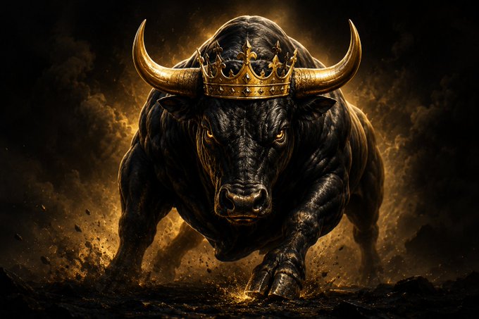 A powerful dark bull wearing a golden crown charges forward through dust and smoke with golden lighting in the background.