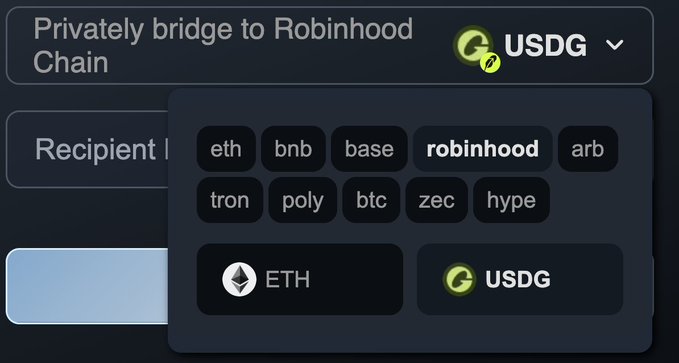 A cryptocurrency bridging interface showing options to privately bridge to Robinhood Chain, with a token selector menu displaying eth, bnb, base, robinhood, arb, tron, poly, btc, zec, and hype.