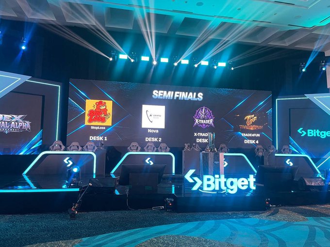The image shows a brightly lit esports-style stage setup for the "SEMI FINALS" of a UEX GAT trading tournament sponsored by Bitget, featuring four team desks labeled "DESK 1" (StepnLoss), "DESK 2" (Nova), "DESK 3" (X-Trad), and "DESK 4" (Trade4fun), with a championship trophy displayed on a podium and blue stage lights creating a dramatic atmosphere—perfectly matching the post's excitement about cheering for team NOVA in the Bitget trading tournament.