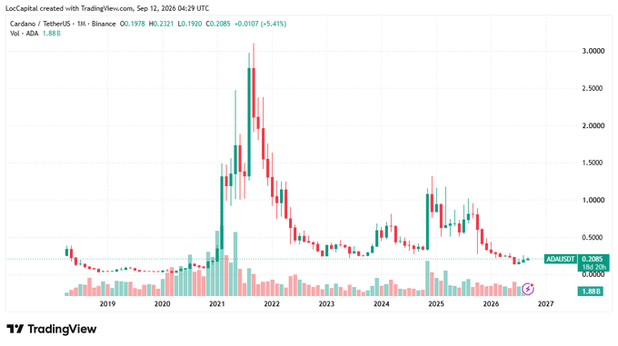 This TradingView monthly candlestick chart displays Cardano (ADA/USDT) price history on Binance from 2019 through 2026, showing ADA's dramatic rise to a peak near $3 in 2021, followed by a prolonged downtrend to its current price of $0.2085 (down 5.41% on Sep 12, 2026), illustrating the post-hype decline that followed Cardano's academically-driven development approach.