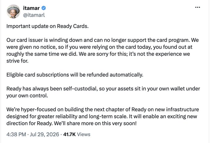 A tweet from @itamarl announcing an important update on Ready Cards, noting their card issuer is winding down and refunds will be issued automatically.
