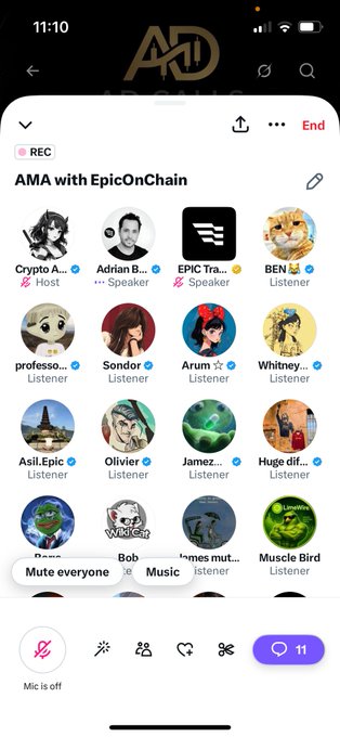 A screenshot of an X (Twitter) Spaces recording titled "AMA with EpicOnChain" featuring Crypto A... as Host, Adrian B... and EPIC Tra... as Speakers, and 11 total participants including listeners like professor... Sondor, Arum, Whitney, Asli.epic, Olivier, James, Huge dif..., Bob, and Muscle Bird. The image directly relates to the post celebrating the successful AMA space with @EpicOnChain, as shown by the active 11-participant live audio session.