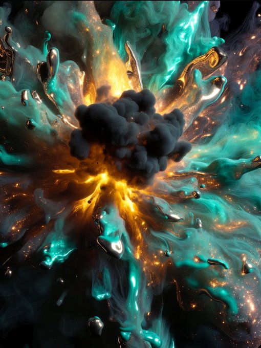 The image features a large explosion with a black cloud at its center, surrounded by various colors of blue and green. The explosion appears to be coming out of a star or a planet, creating an intense visual effect. The explosion is accompanied by small particles floating around it, adding to the overall spectacle. The image also includes text that reads "Giveaways Giveaways Giveaways Total" and "Task: 1. Follow @LuminaNFT_ & @OctoUnity Community 2. Repost this post and Submit your EVM Address Note".