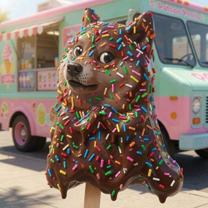 A whimsical image of a dog figure made entirely of chocolate with colorful sprinkles, positioned in front of a pastel pink and mint green ice cream truck.