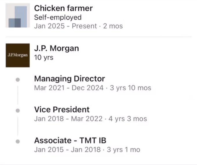 A LinkedIn-style profile showing career history: 'Chicken farmer' (Self-employed, Jan 2025 - Present) and 'J.P. Morgan' (10 yrs), with positions including Managing Director (Mar 2021 - Dec 2024), Vice President (Jan 2018 - Mar 2022), and Associate - TMT IB (Jan 2015 - Jan 2018).