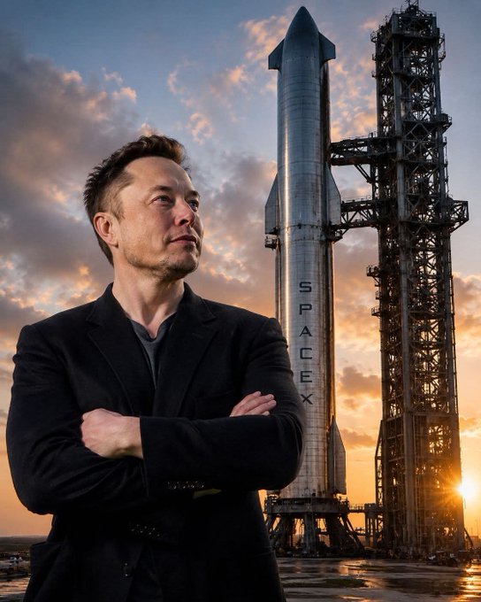 Elon Musk stands with arms crossed in a black suit in the foreground, with a SpaceX Starship rocket on its launch pad against a sunset sky in the background.
