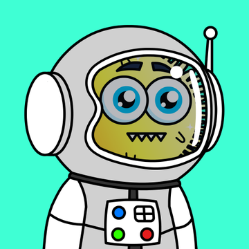 A cartoon astronaut with a green alien face inside its helmet visor is pictured against a teal background, serving as a quirky NFT avatar style matching the post's recommendation to buy cheap floor-priced NFTs on Robinhood.