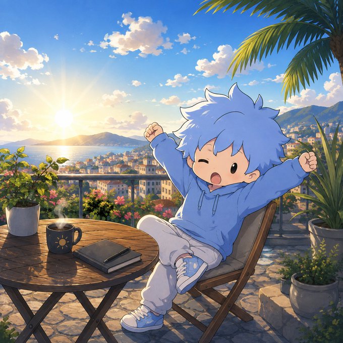 An anime-style illustration depicts a blue-haired character in a blue hoodie and white pants stretching joyfully on a balcony overlooking a coastal city at sunset, with a coffee mug and notebook on the table beside them.