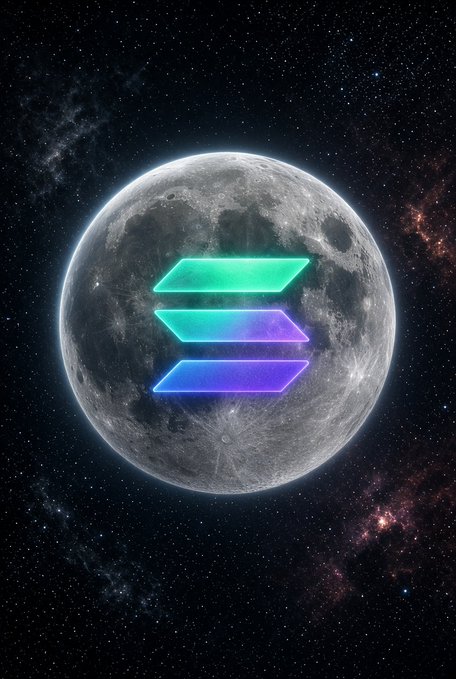 The Solana blockchain logo (three stacked angled bars in teal and purple) overlaid on a detailed image of the moon against a starry space background.
