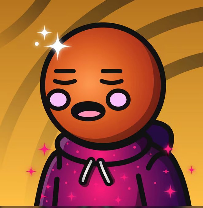 A digital illustration of a character with a round, orange head, pink cheeks, and a purple hoodie, surrounded by glowing sparkles against a golden, swirled backdrop.