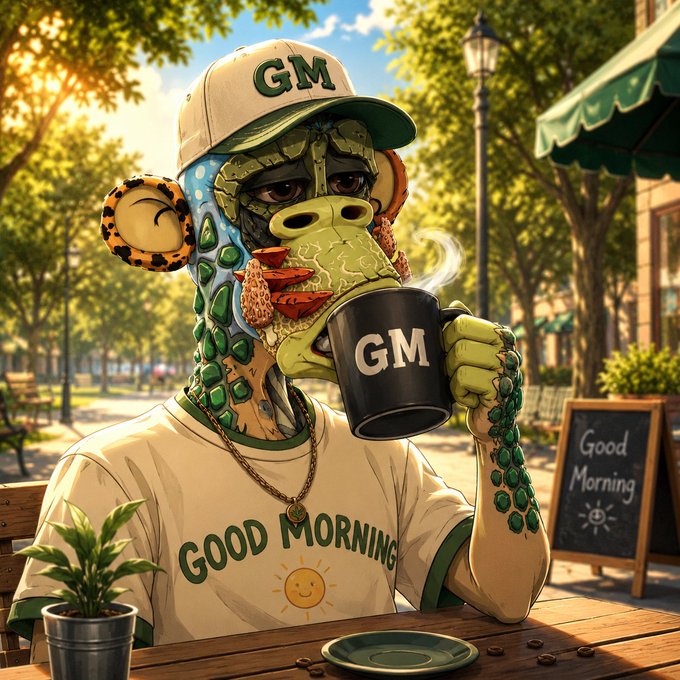 Stylized illustration of a green crocodile-like creature wearing a 'GM' cap and 'GOOD MORNING' t-shirt, drinking from a 'GM' branded mug at an outdoor cafe with a 'Good Morning' chalkboard sign in the background.