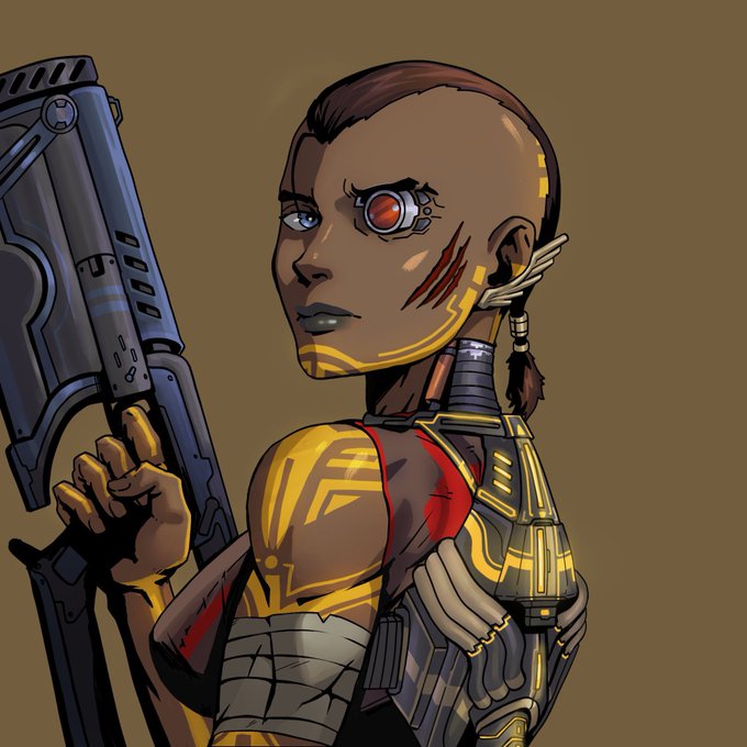 A digital illustration of a sci-fi warrior with brown skin, yellow cybernetic markings, a red mechanical eye, and an earring, holding a large futuristic rifle against a brown background.