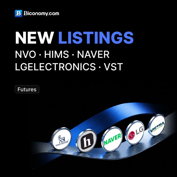 A Biconomy.com promotional image announcing new futures listings for NVO, HIMS, NAVER, LGELECTRONICS, and VST, featuring corresponding logos on circular badges.