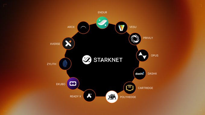Starknet ecosystem infographic showing a circular arrangement of project logos including ENDUR, VESU, PRIVLY, OPUS, DASHX, CARTRIDGE, POLYHEDGE, READY X, EKUBO, ZYLITH, XVERSE, and ARCX.