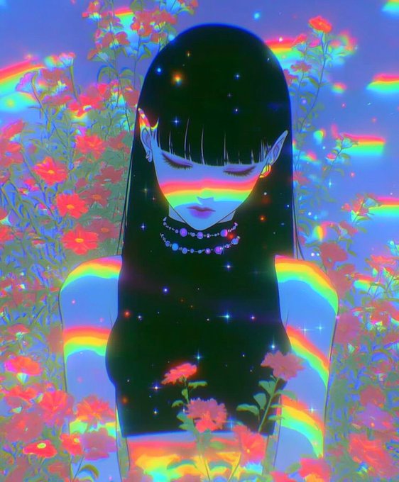 The image features a woman wearing a black top, surrounded by flowers that are colored rainbow hues. The woman appears to be holding a flower or plant with her left hand while looking down at her right hand. The background of the image is filled with stars, adding an ethereal and dreamy atmosphere to the scene.
