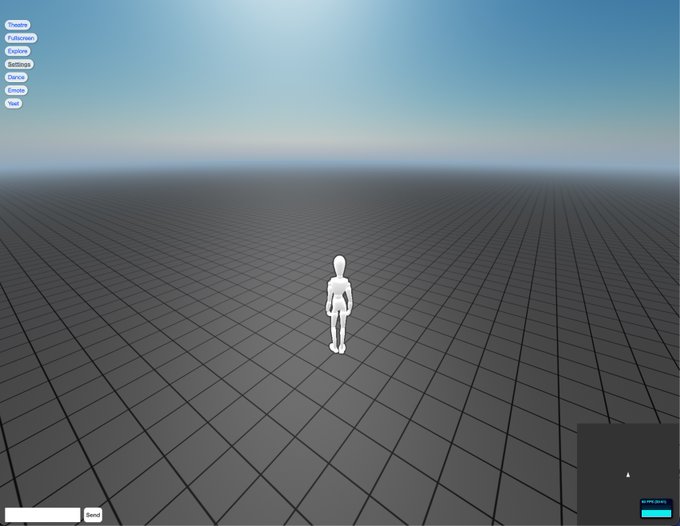 A minimalist 3D virtual environment with a white humanoid figure standing on a gray grid floor under a blue sky, featuring UI menu buttons including 'Delete', 'Fullscreen', 'Explore', 'Settings', 'Dance', 'Create', and 'Next'.
