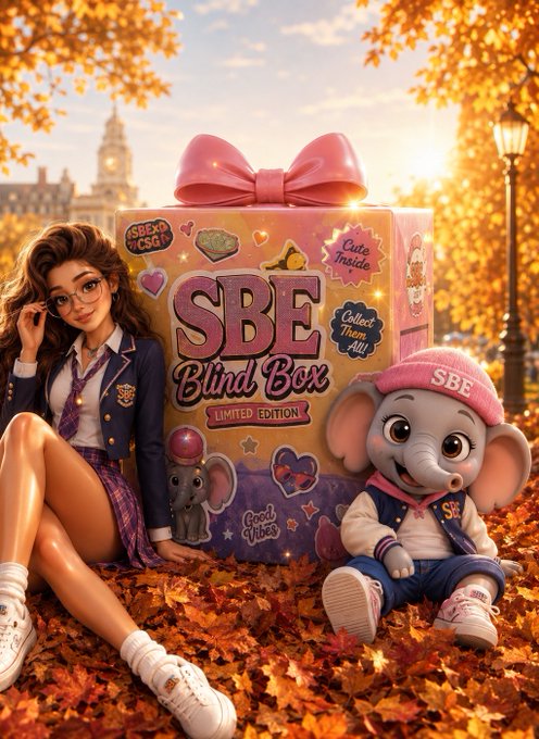 A girl in school uniform and a cute plush elephant wearing a pink "SBE" beanie sit among autumn leaves beside a large "SBE Blind Box - Limited Edition" package, promoting the Stylish Baby Elephants NFT collection collaboration with @Daisyartss.