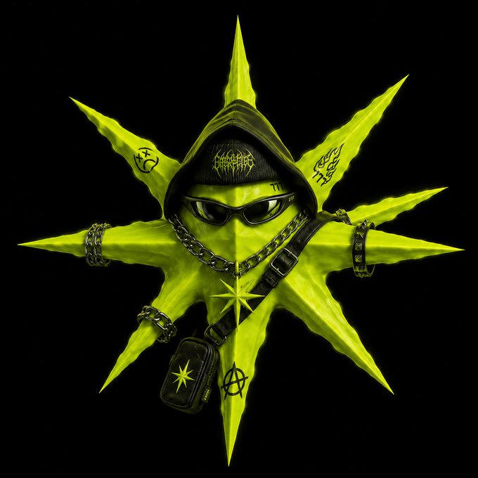 A digital artwork of a yellow-green spiky star-like character wearing a black hood, sunglasses, chains, and various patches including an anarchy symbol.