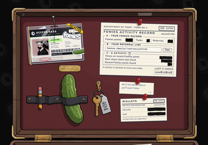 A wooden briefcase displays pinned documents including an "ACCESS PASS" with "ELECTED" stamp, a "FOMIES ACTIVITY RECORD" from the Department of Fomo (form ER-1, ref 14719), a business card for "SOLANA" with the user "sm107190", a key tagged "404", a pickle, and a note reading "don't lose this certificate; you'll need it later." The playful assortment of items—particularly the cryptic pickle and mysterious certification—visually brings to life the narrator's claim about receiving a strange briefcase from the Fomies NFT project that they "were told not to ask about."