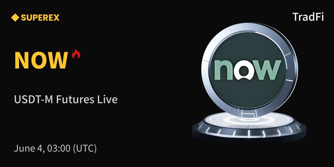 The image features a poster for a USDT-M Futures live event. The poster has a black background with white text that reads "NOW" followed by "USDT-M Futures Live", indicating that the event is currently taking place or about to start. The poster also includes an image of a silver circle with a green logo, which represents the USDT-M Futures service. The text on the poster mentions that the event is scheduled for June 4th at 3:00 PM (UTC) and that it is now live on SuperEx.
