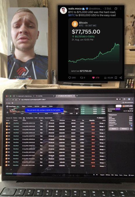 Screenshot showing a man in a video call with a tweet from @waleswo_ reading 'BTC to $75,000 USD was the hard road, $97K to $100,000 USD is the easy road' alongside a Bitcoin price chart at $77,755.00, and a laptop screen displaying a tokens list below.