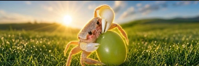 A close-up, sunlit photo shows a small, light-colored crab perched on a bright green grape in a grassy field. The whimsical image of a "grape crab" visually represents the "small grape crab" meme referenced in the accompanying Solana token post.