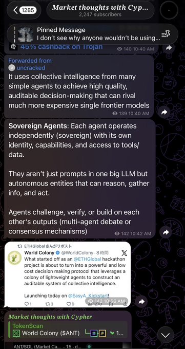 The image shows a phone screen with text, including a message from someone named "ANT" who has posted a link to an article about cryptocurrency. The person's name is also visible in the image. The text appears to be discussing the market thoughts on Cyp and the potential of cryptocurrency.