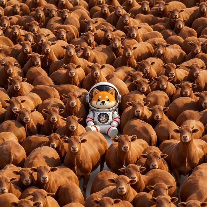 A cartoon Shiba Inu dog wearing a white astronaut suit sits at the center of a vast herd of brown cows, all facing forward.
