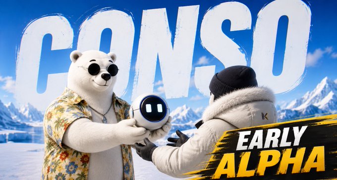 Promotional image for 'CONSO' Early Alpha featuring a white bear in sunglasses and a Hawaiian shirt handing a smiling robotic orb to a person in a winter jacket against a snowy mountain backdrop.