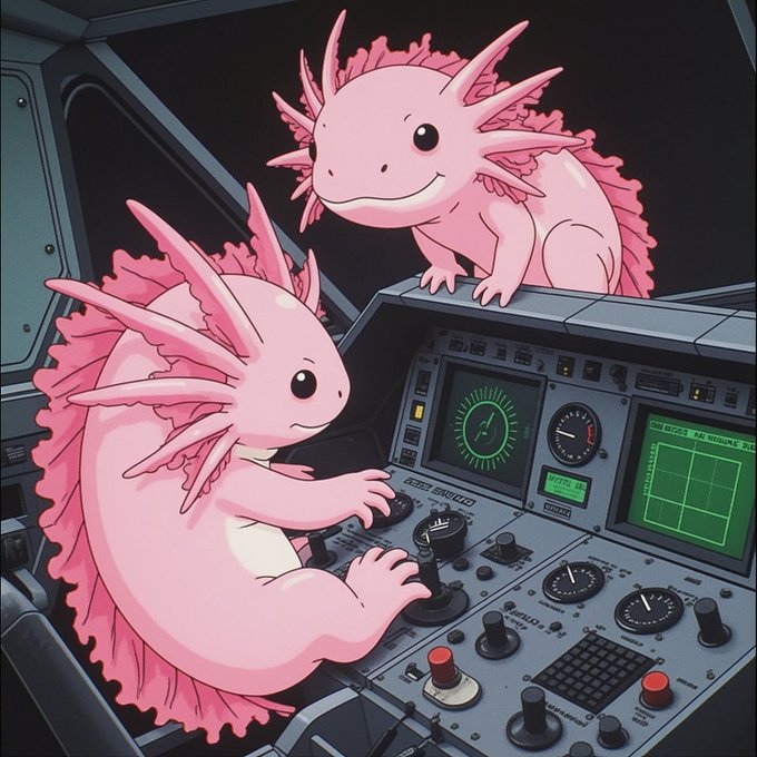 Two pink axolotls pilot a spacecraft cockpit with green radar and control monitors, whimsically mirroring the post's playful $RAXOL token branding and its "no presale order books" launch message.