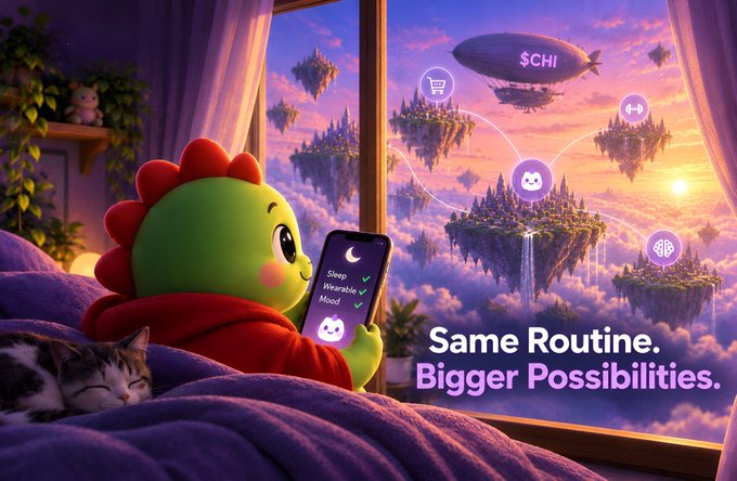 An advertisement featuring a green cartoon character wearing a red hood looking at a smartphone tracking Sleep, Wearable, and Mood, with floating islands in the background and text reading 'Same Routine. Bigger Possibilities.'