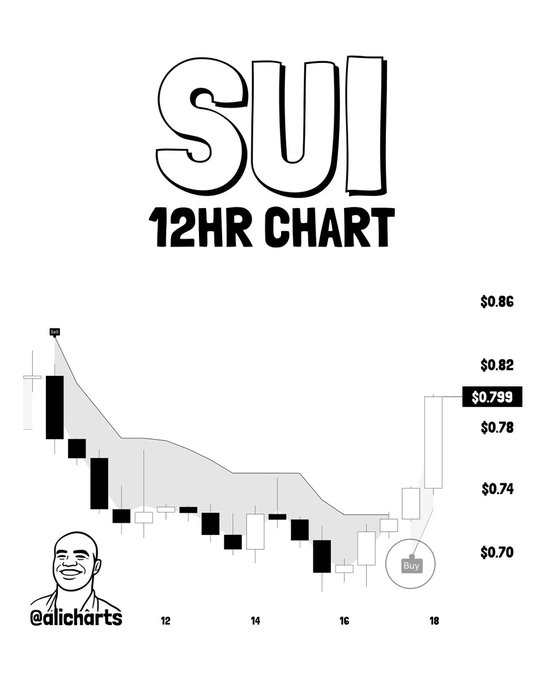 A 12-hour candlestick chart titled "SUI 12HR CHART" shows SUI's price action declining from approximately $0.86 down to around $0.70, with a SuperTrend indicator flashing a "Buy" signal near $0.70, accompanied by a recent bounce toward $0.799, visually supporting the post's claim that SUI has just flipped bullish and is eyeing a breakout above $0.84 resistance.