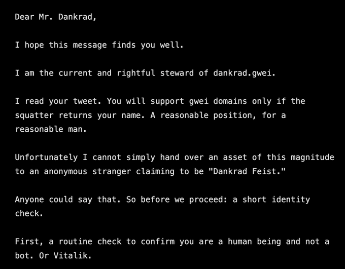 A dark terminal window displays a message addressed to "Mr. Dankrad" from someone claiming to be the steward of dankrad.gwei, who refuses to hand over the domain without identity verification and cheekily adds "Or Vitalik" to the bot check—matching the post's revelation that someone is impersonating Dankrad Feist to claim his ENS domain.