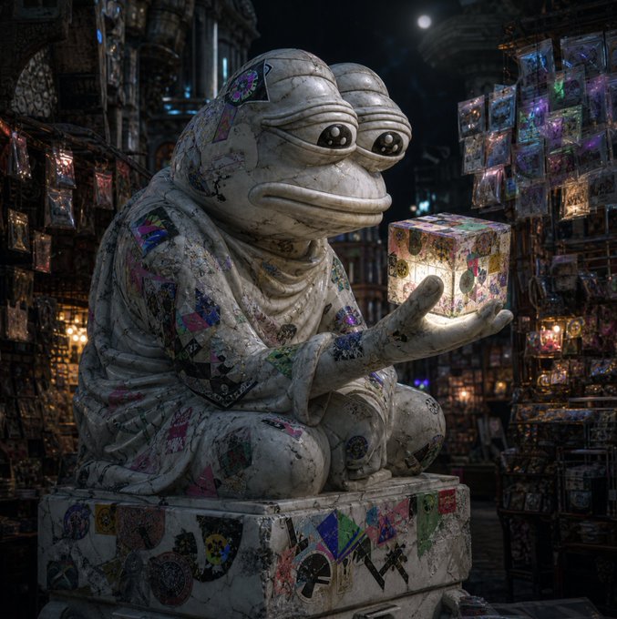 urn of a frog statue, adorned with colorful stickers and holding a box, stands amidst a bustling city street at night.
