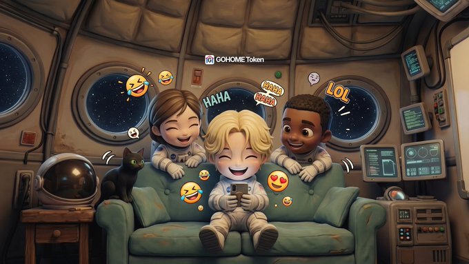 A cartoon-style illustration of three diverse children sitting on a couch in a spaceship, laughing while looking at a phone, surrounded by floating emoji icons and the text 'GOHOME Token'.