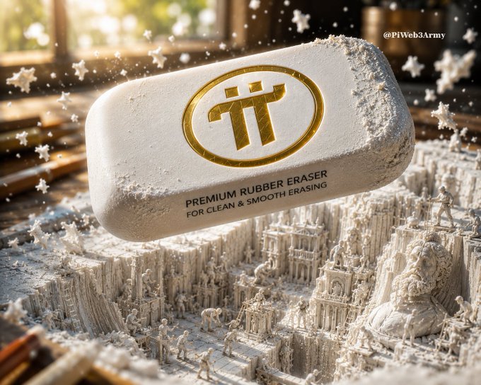 A promotional image for a 'Pi Network' branded 'PREMIUM RUBBER ERASER' hovering over an eraser-shavings diorama resembling an ancient city.