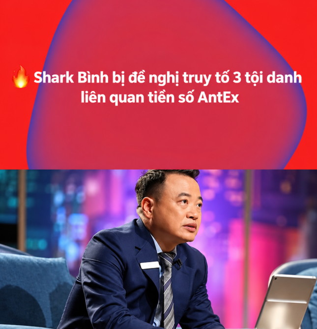 A news graphic with Vietnamese text reading 'Shark Bịnh bị đề nghị truy tố 3 tội danh liên quan tiền số AntEx' (Shark Bình proposed prosecution on 3 charges related to AntEx cryptocurrency), featuring a photo of the businessman in a blue suit on what appears to be a TV show set.