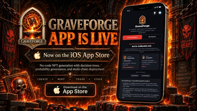 An advertisement for 'GraveForge' reading 'APP IS LIVE' and 'Now on the iOS App Store,' promoting no-code NFT generation, with a phone mockup showing the app interface.